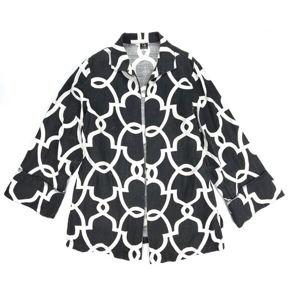 CONNIE ROBERSON 100% Linen Long Lagenlook Kimono Jacket Black Geometric Print XL - Picture 1 of 8